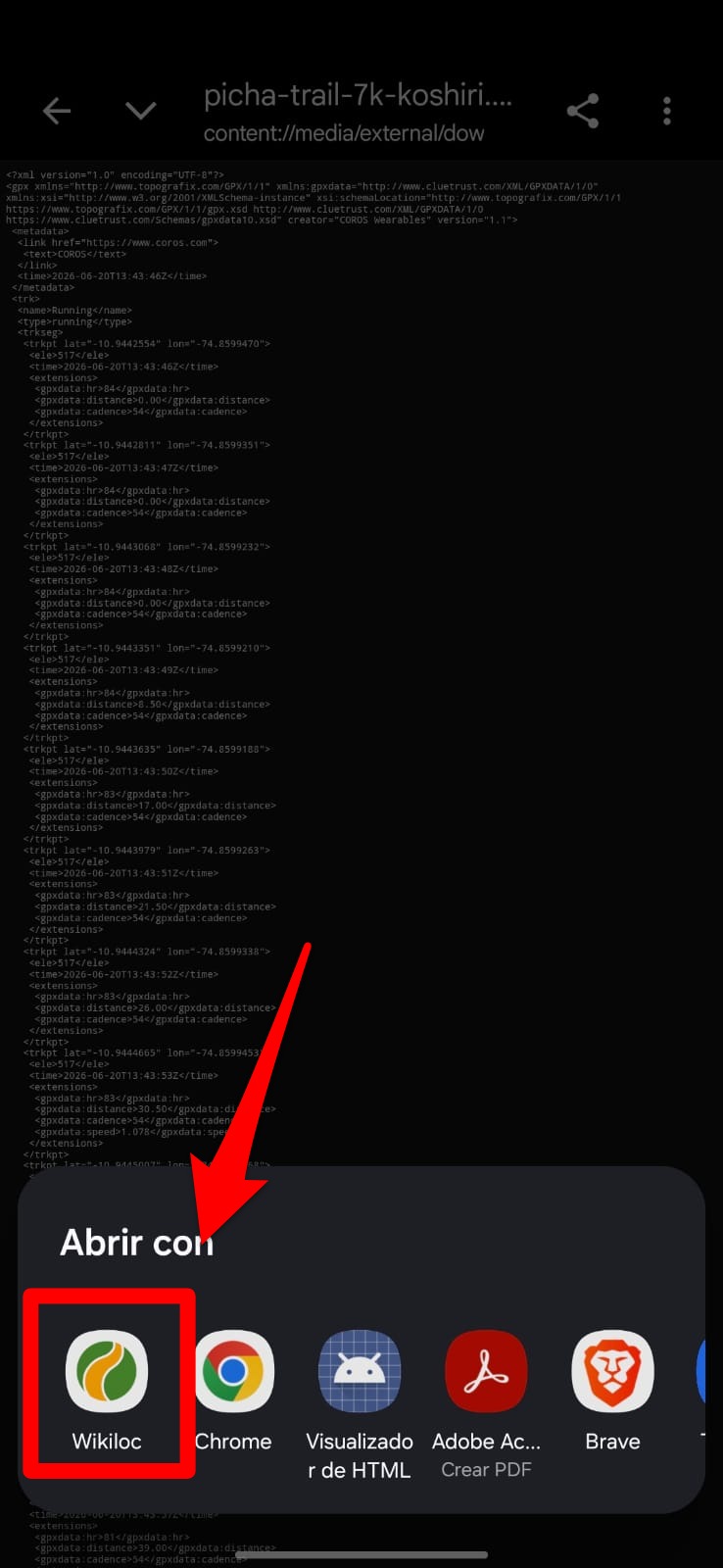 Paso 3: seleccionar Wikiloc u otra app GPS