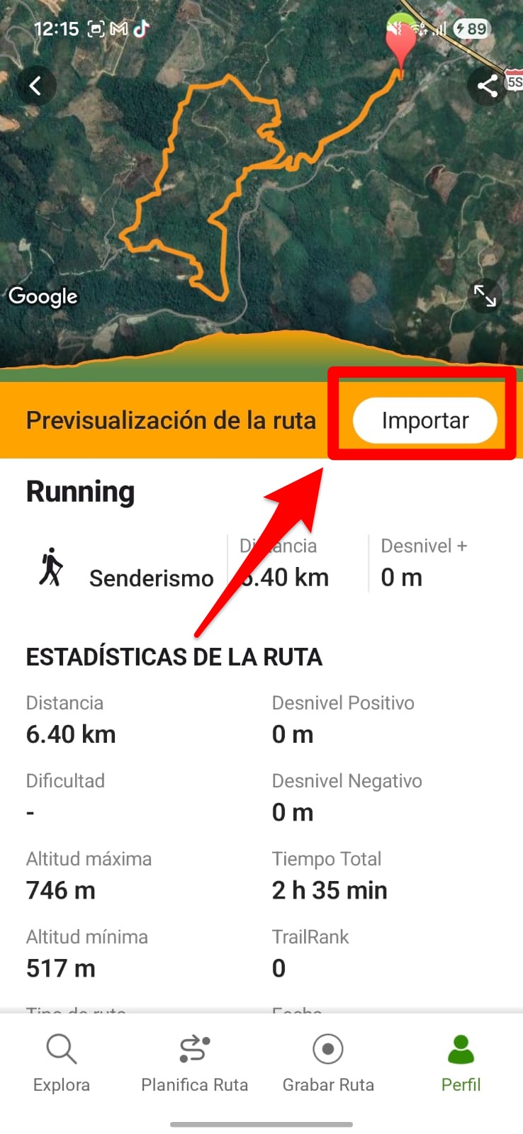 Paso 4: tocar importar ruta GPX