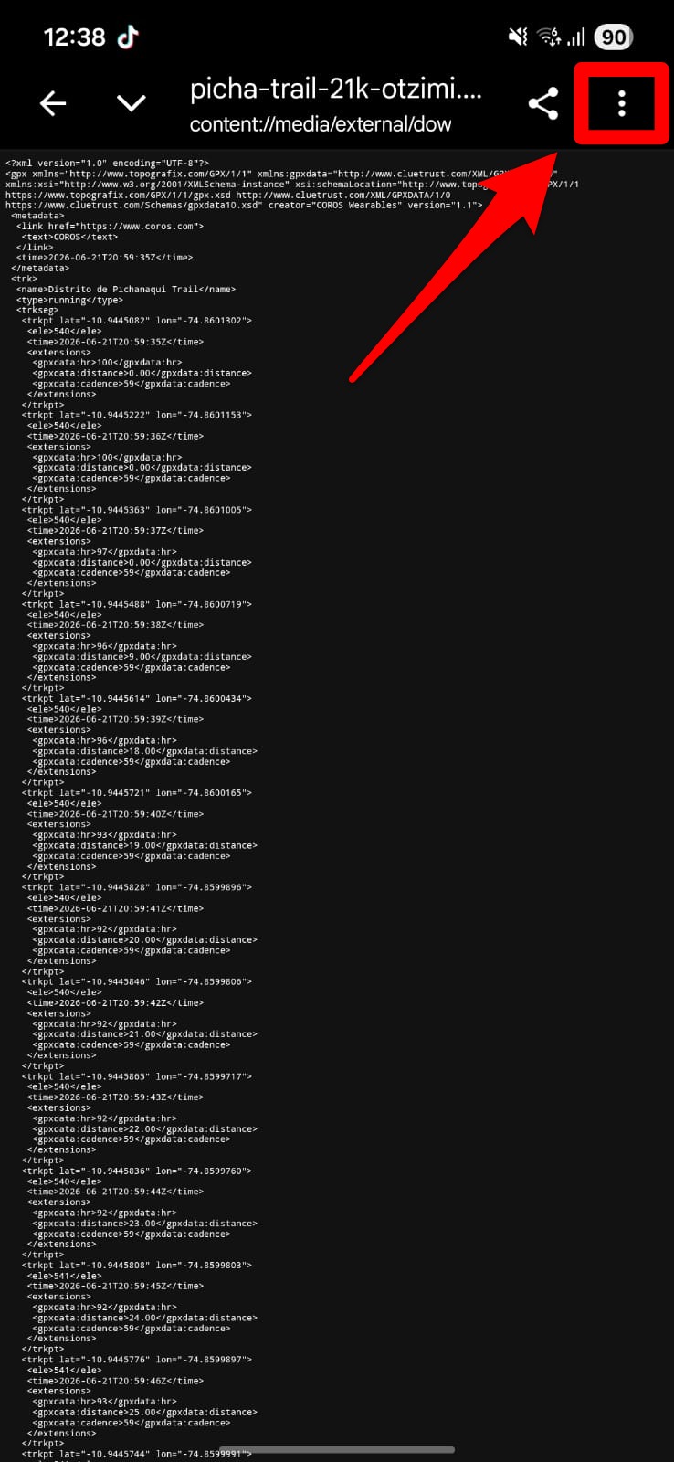 Paso 1: tocar los tres puntos para abrir opciones del GPX
